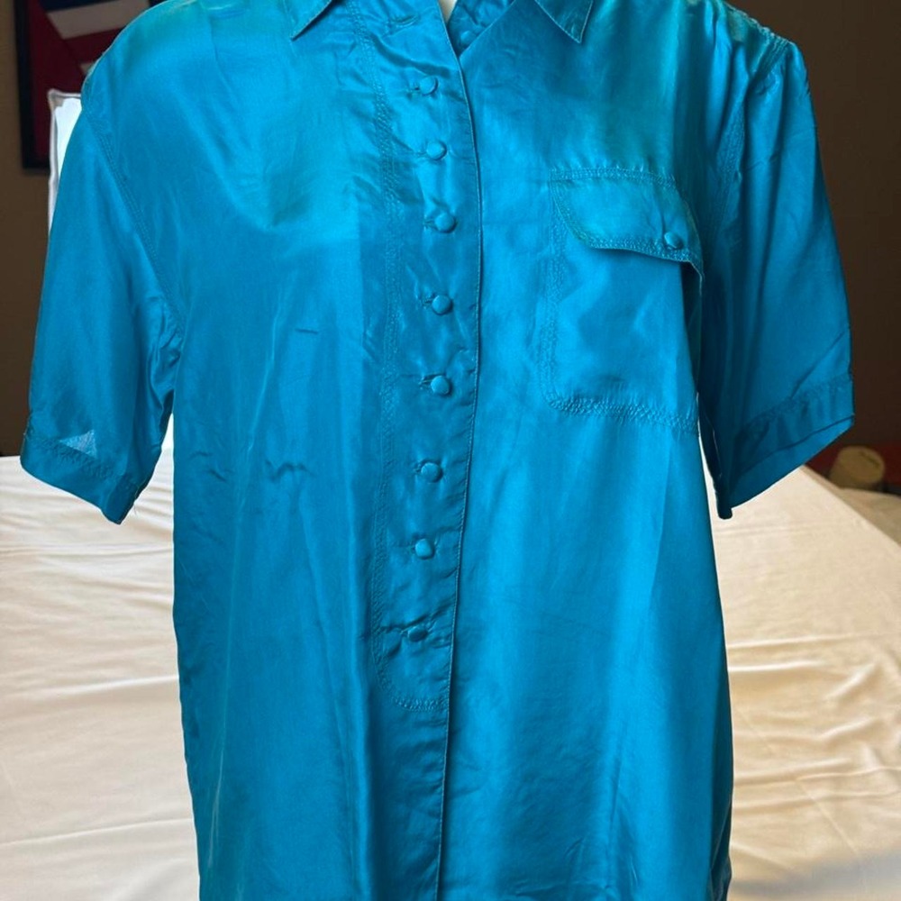 Vintage Winner Teal 100% Washed Silk Blouse M 90s Button Up